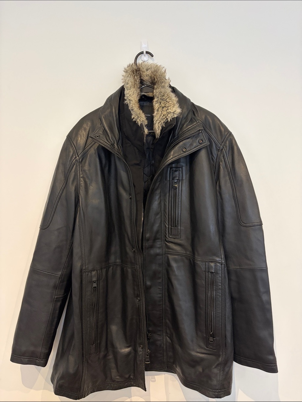 Kenneth Cole Reaction Black Leather Peacoat with Faux Fur Trim
